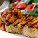 Grilled Orange Soy New York Pork Chops with Apple Ginger Cranberry Chutney
